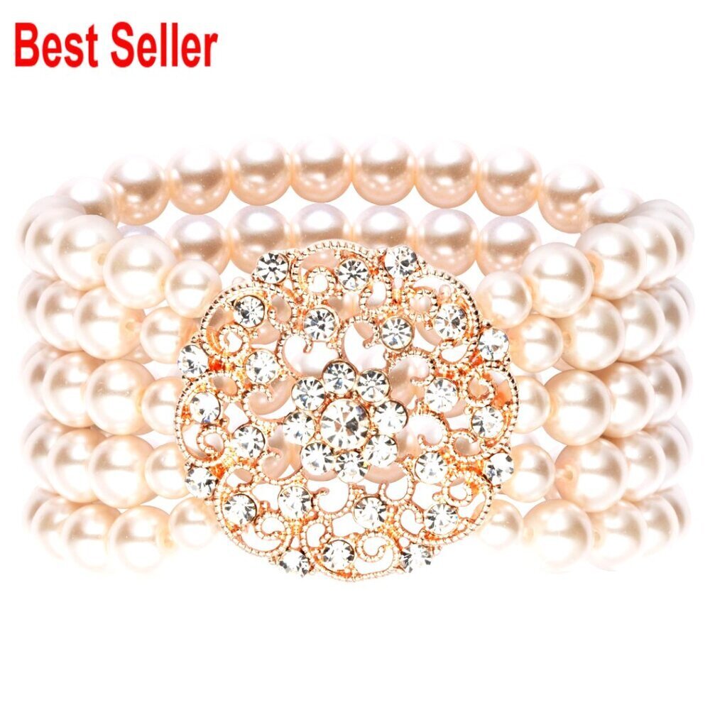 Imitation Pearl Bracelet with Austrian Crystals, 5-Row Stretch Design